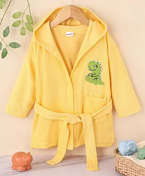 Babyhug Cotton Terry Knit Full Sleeves Hooded Bath Robe Dino Embroidery - Yellow