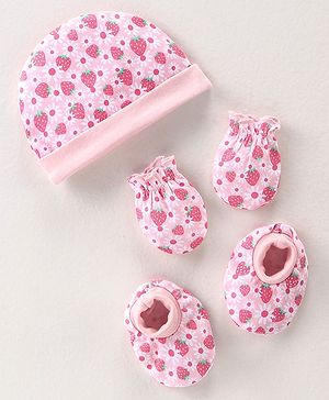 Babyhug 100% Cotton Interlock Knit Cap Mittens & Booties Set with Strawberry Print - Pink