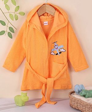 Babyhug Terry Knit Full Sleeves Hooded Bath Robe Airplane Design - Yellow