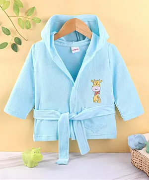 Babyhug Cotton Knit Full Sleeves Hooded Bath Robe with Giraffe Applique - Blue
