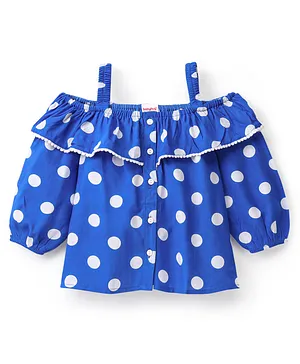 Babyhug 100% Rayon Cold Shoulder Sleeves Front Open Top With Frill Detailing Polka Dot Print- Blue