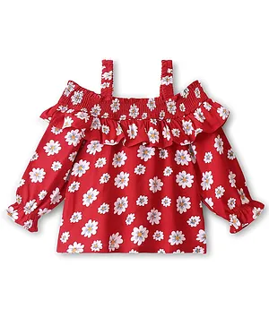 Babyhug Rayon Woven Off Shoulder Full Sleeves Floral Printed & Frill Detailing Top - Red