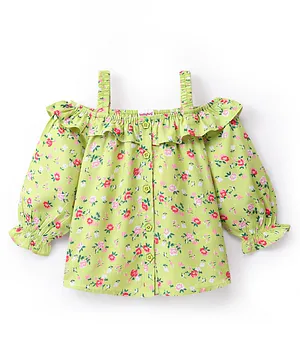 Babyhug 100% Rayon Cold Shoulder Sleeves Front Open Top With Frill Detailing Floral Print- Lime Green
