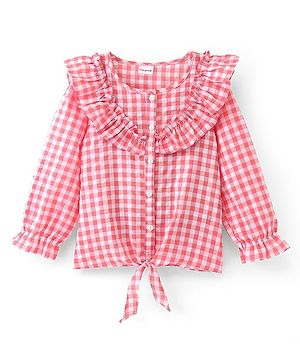 Babyhug Seer Sucker Full Sleeves Frill Detailing Checks Top - Light Pink