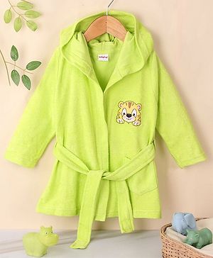 Babyhug Full Sleeves Bath Robe with Hood Tiger Patch - Green
