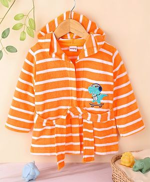 Babyhug Cotton Knit Full Sleeves Hooded Bath Robe Dino Design - Orange