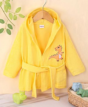 Babyhug Terry Knit Full Sleeves Hooded Bath Robe With Dino Patch- Yellow