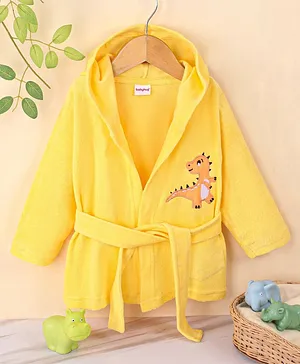 Babyhug Terry Knit Full Sleeves Hooded Bath Robe With Dino Patch- Yellow