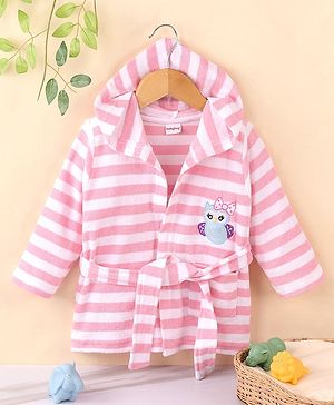 Babyhug Cotton Terry Knit Full Sleeves Hooded Bath Robe Stripes & Owl Design - Pink & White