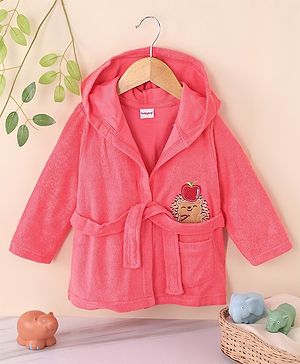 Babyhug Cotton Knit Full Sleeves Hooded Bath Robe Hedgehog Design - Red