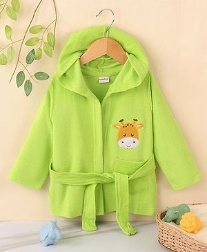 Babyhug Cotton Terry Knit Full Sleeves Hooded Bath Robe Giraffe Design - Green
