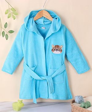 Babyhug Terry Knit Full Sleeves Hooded Bath Robe Tiger Design - Blue