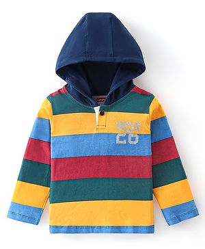 Babyhug 100% Cotton Knit Full Sleeves T-Shirt with Stripes & Hood - Multicolor