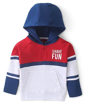 Babyhug Cotton Knit Full Sleeves Cut & Sew Hooded T-Shirt with Text Print - Red & White Melange