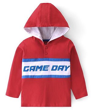 Babyhug 100% Cotton Cut & Sew Full Sleeves T-Shirt with Hood & Text Graphics Print - Red