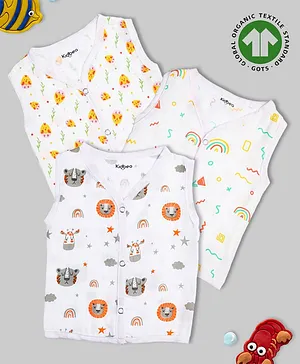 Kidbea 100 % Cotton Muslin Pack Of 3  Sleeveless Rainbow Cute Chick & Tiger Printed Jhablas - White