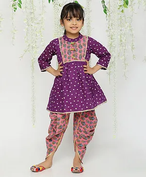 KID1 Three Fourth Sleeves Bandhej Designed Kurta With Coordinating Jaipuri Flower Printed Overlapped Dhoti - Purple & Pink