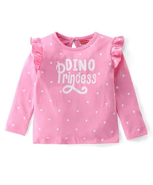 Babyhug Full Sleeves Tee With Text Graphics & Frill Detailing -Pink