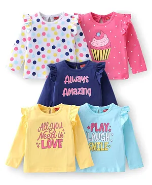 Babyhug Cotton Full Sleeves Tees With Graphics & Frill Detailing Pack Of 5- Blue Pink & Yellow