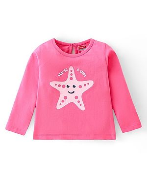 Babyhug Cotton Knit Full Sleeves T-Shirt with Star Graphics Print - Pink