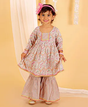 The Mom Store Full Sleeves Floral Motif Printed Anarkali Kurta & Sharara Set - Pink