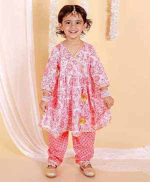 The Mom Store Full Sleeves Floral Printed Laced Embellished Anarkali Kurta Salwar Set - Red