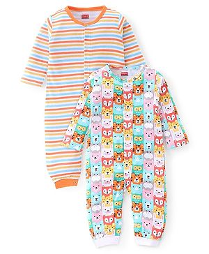 Babyhug 100% Cotton Full Sleeves Striped Romper Animals Print Pack of 2 - Multicolor