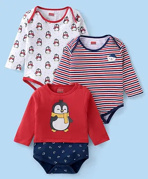 Babyhug 100% Cotton Full Sleeves Striped Onesies Penguin Print Pack of 3 - Red & White