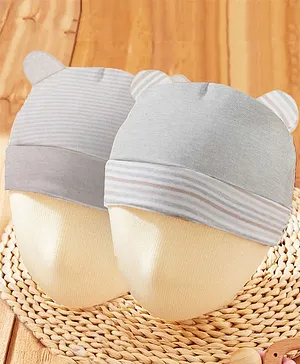 Baby Moo Organic Pack Of 2 Solid And Striped Caps - Grey