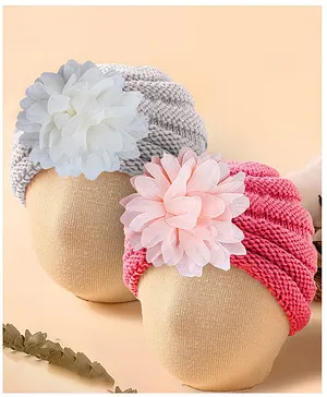 Baby Moo Pack Of 2 Flower Applique Embellished Turban Caps - Pink And White