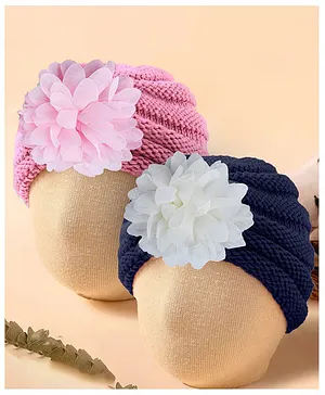 Baby Moo Pack Of 2 Flower Applique Embellished Turban Caps - Pink And Navy Blue