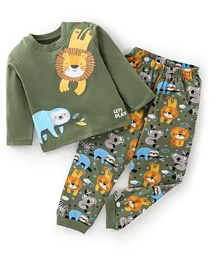 Babyhug Cotton Knit Full Sleeves Lion Print Night Suit - Green