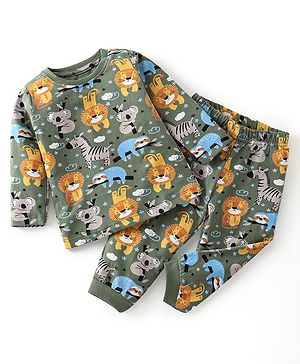 Babyhug Single Jersey Cotton Knit Full Sleeves Night Suit Animal Print - Green