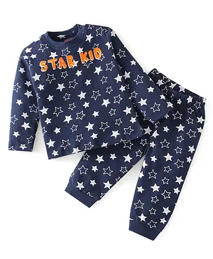 Babyhug Cotton Knit Full Sleeves Stars Printed Night Suit - Blue