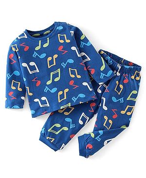 Babyhug Cotton Knit Full Sleeves Musical Notes Printed Night Suit - Blue