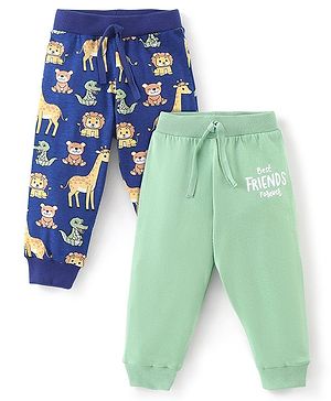 Babyhug Cotton Knit Full Length Lounge Pant With Animals Print Pack Of 2 - Green & Navy Blue