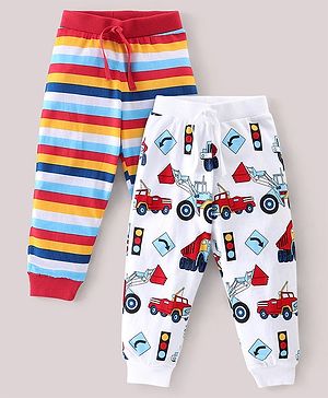 Babyhug Cotton Knit Full Length Lounge Pant Stripes & Construction Vehicle Print Pack Of 2 - White Red & Blue