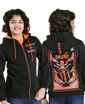 Arias Cotton Brushed Knit Full Sleeves Text Printed Front Open Hooded Sweatshirt - Black