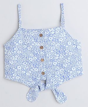 Taffykids Sleeveless Seamless Floral Printed Tie Up Crop Top - White & Blue