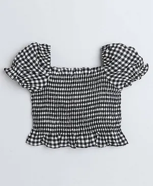 Taffykids Puff Sleeves  Gingham Checked Printed Smocked Detailed Crop Top-Black & White