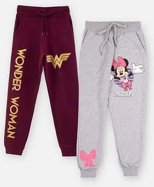 Nap Chief Pack Of 2 Wonder Woman Text & Minnie Printed Elastic Pull On  Joggers - Maroon & Grey