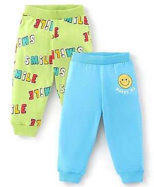 Babyhug Cotton Knit Full Length Lounge Pant With Text Print Pack Of 2 - Green & Blue