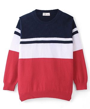 Smarty Boys 100% Cotton Full Sleeves Flat Knit Sweater with Striped Design - Red & Blue