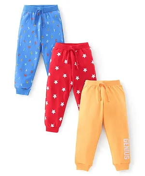 Babyhug Cotton Knit Full Length Lounge Pant Star Print Pack Of 3 - Orange Red & Blue