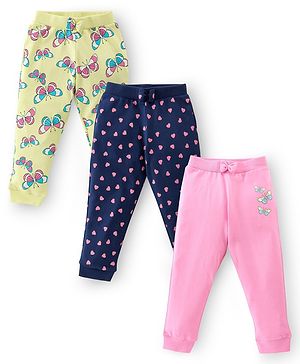 Babyhug Cotton Lycra Knit Full Length Leggings with Stretch & Butterfly & Heart Printed Pack of 3 - Pink Blue & Yellow