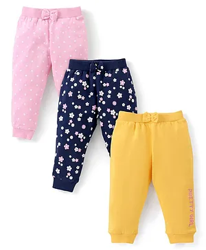 Babyhug Cotton Knit Full Length Lounge Pants Floral Print Pack of 3 - Blue Pink & Yellow
