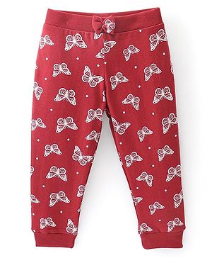 Babyhug Cotton Looper Full Length Lounge Pant Butterfly Print  - Red