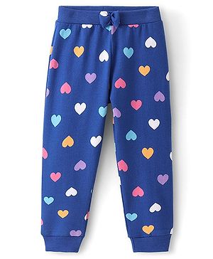 Babyhug Cotton Looper Knit Full Length Lounge Pant with Bow Applique & Heart Print - Navy Blue