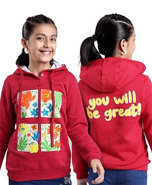 Arias Cotton Knit Full Sleeves Hooded Sweatshirt With Floral Print - Red