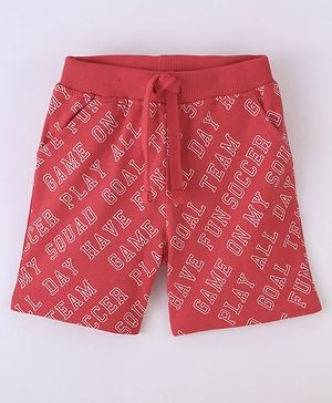 Babyhug Cotton Looper Knit Text Print Shorts - Red